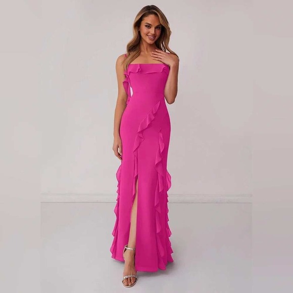 Azazie Dresses & Skirts - Barbie x Azazie 1001 Ruffle Maxi Dress Barbie Pink Formal Gown Size A8 NEW